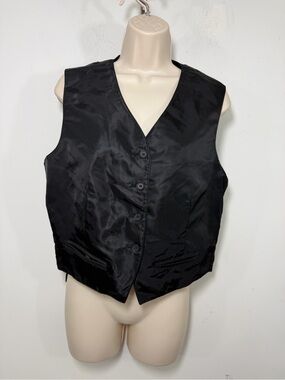 Vintage gap Black Satin Button Front Vest faux leather trim medium unisex
